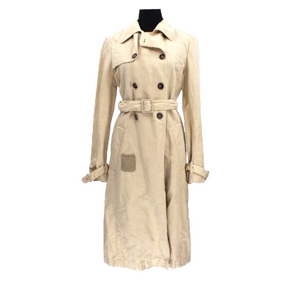 PRADA Tan Cotton Linen Double Breasted Belted Trench Coat 40 Leather Patch Sport - Picture 1 of 7
